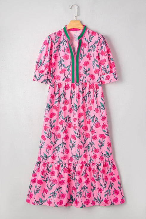 Puff Sleeve Floral Print Contrast Placket Tiered Midi Dress With Pockets